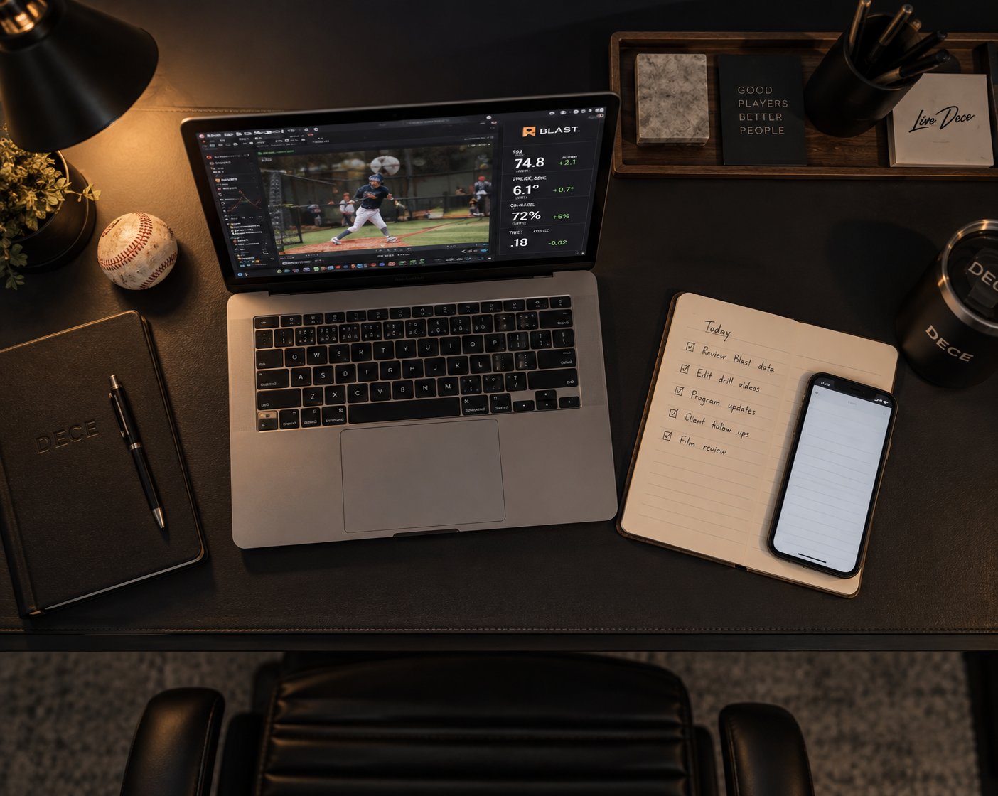 Blast Motion metrics on a laptop beside the session plan